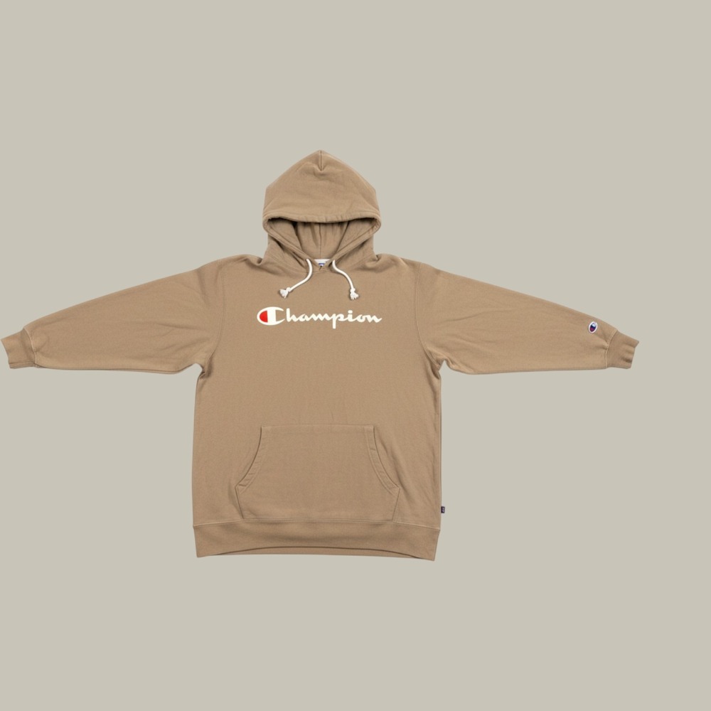 Champion Hoodie Mens Large Tan Khaki Script Logo Cotton Pullover Sweatshirt T417